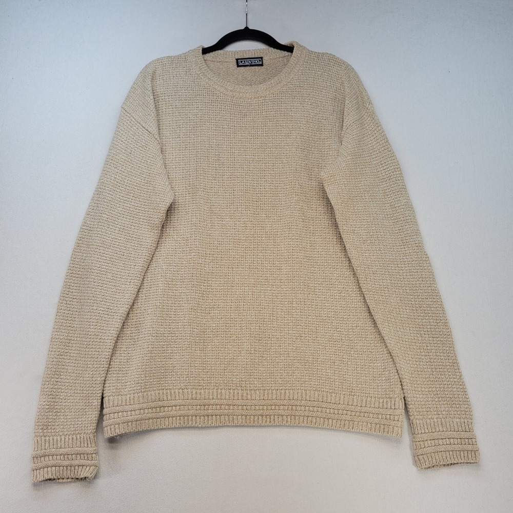 LA LOVING Sweater Vintage Mens L Beige Waffle Knit Crewneck Long Sleeve Pullover
